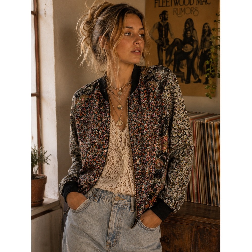Zara Woman Floral Lace Bomber Jacket Sheer Multi Color Zip Up Small